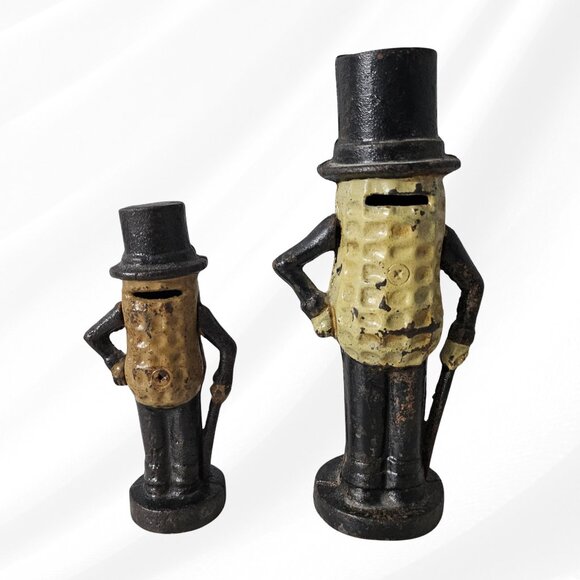 Lot of 2 Vintage Cast Iron Mr Peanut Banks 5.5 and 7.5 Tall Heavy - Picture 7 of 12